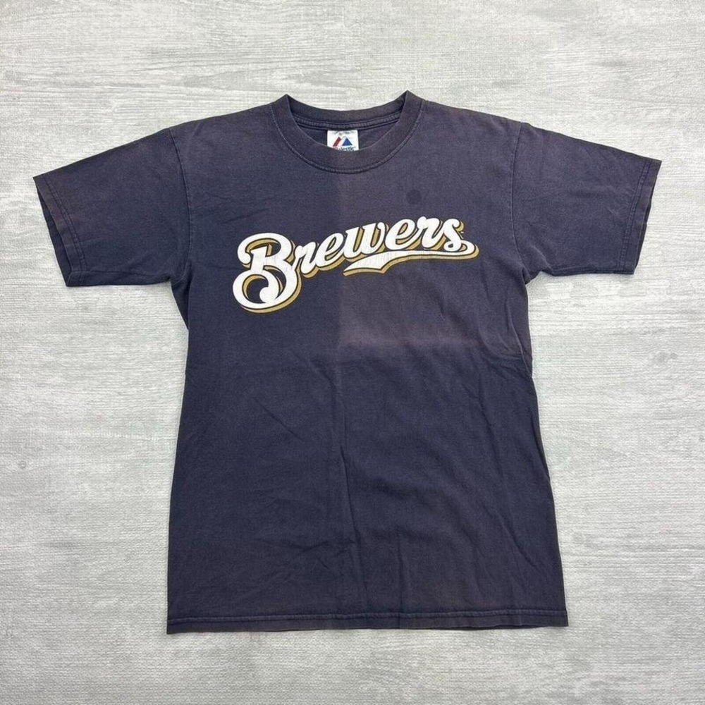 Vintage Milwaukee Brewers Shirt Adult Small Navy Blue MLB Baseball Majestic Fade
